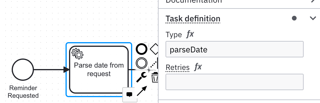 Ein Service Task, welcher im Camunda Modeler ausgewählt wurde. Im Properties Panel nebenan wurde der Typ der Task Definition auf "parseDate" festgelegt